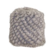 A knitted mink fur cap with a visually textured design in shades of gray and white.