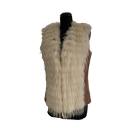 A beige color sheep leather vest with raccoon fur trimming, displayed on a mannequin. The mannequin is wearing a brown version of the vest, with the beige version shown in the image.