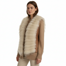 Įkelti nuotrauką į galerijos peržiūros programą, Woman wearing a beige cardigan with a fur vest on a white background
