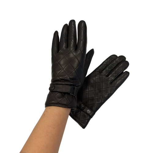 A pair of black leather gloves with a quilted design, designed for women. The gloves are displayed against a white background.