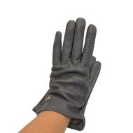 A single gray leather glove for women, designed with a pointed finger and a half-finger style, shown against a clear background.