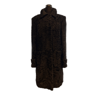 Black astrakhan fur coat, medium length, with light leather trimming, hidden pockets in front.
