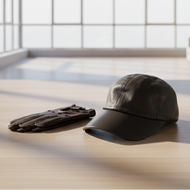 Black leather cap and gloves on a wooden floor with large windows in the background
