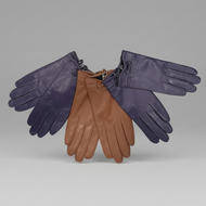 A pair of women's gloves in purple and brown colors, made from premium Italian Nappa leather, displayed with an open wing-like extension.