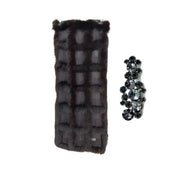 A long black fur scarf with a wide brooch made of black and bordeaux crystals, displayed on a white background.