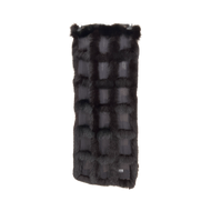 A long and wide black shawl with a furry texture, featuring a geometric pattern.