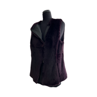 A dark violet color sheared rabbit fur vest on a mannequin, featuring a front slanting and two-way going zip fastening.