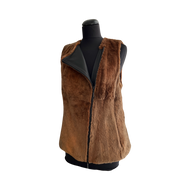 A brown rabbit fur vest with a collar, displayed on a mannequin, featuring a front slanting and two-way zip fastening.