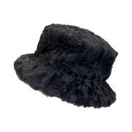 A black astrakhan fur hat with a soft fur design and a lining, displayed on a neutral background.