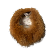 A white raccoon fur scarf with a two-way fastening, displayed in a spherical shape.
