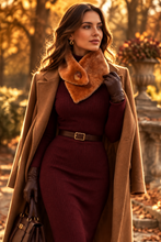 Įkelti nuotrauką į galerijos peržiūros programą, A woman stands outdoors in a warm autumn setting wearing a camel coat, burgundy ribbed knit dress, brown fur collar, brown gloves, and a brown handbag.
