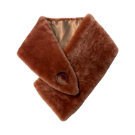A brown sheepskin fur scarf with a fastening button, displayed on a plain background.