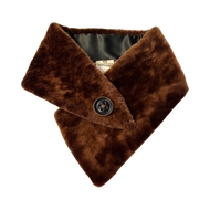 A brown sheepskin fur scarf with a button fastening, displayed on a flat surface.