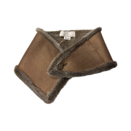 A beige sheepskin fur scarf with a fastening button, displayed on a flat surface.