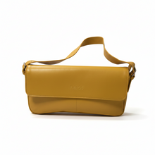 Įkelti nuotrauką į galerijos peržiūros programą, A mustard yellow leather messenger bag with a matching shoulder strap and a subtle embossed 'RIETOS' logo on the front, set against a plain white background.
