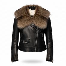 Įkelti nuotrauką į galerijos peržiūros programą, A black leather motorcycle jacket with a large brown fur collar, displayed on a white background.
