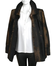 Įkelti nuotrauką į galerijos peržiūros programą, A dark brown and black distressed faux fur jacket with a high collar, styled on a white mannequin torso over a white button-down shirt and black pants.
