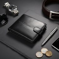 Black leather wallet with a watch, sunglasses, pen, and coins on a dark surface
