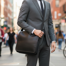 Įkelti nuotrauką į galerijos peržiūros programą, A man in a gray suit, white dress shirt, and black tie stands on a city street holding a dark brown leather briefcase.

