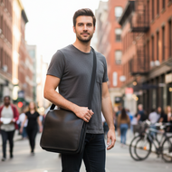 Man holding a leather bag on a city street