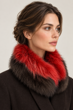 Įkelti nuotrauką į galerijos peržiūros programą, A close-up of a woman wearing a luxurious dark brown and vibrant red fur collar with a dark brown coat, set against a plain light beige background.
