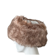 A brown cap-ear warmer made of artificial fur, displayed on a mannequin head.
