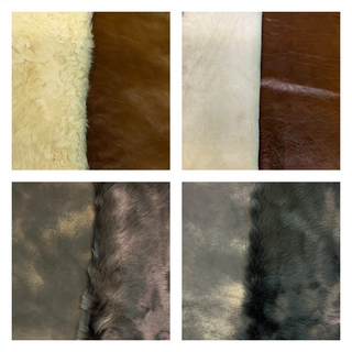 Collage of fur textures with a person wearing a fur coat in the first image.