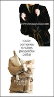 Advertisement for coats with text in Lithuanian, featuring a person wearing a dark coat.