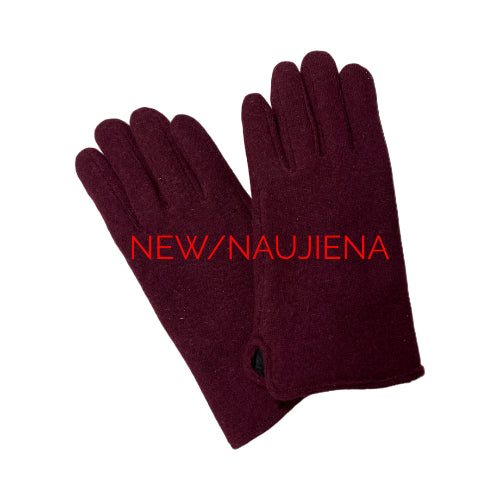 Pair of maroon gloves with 'NEW/NAUJIENA' text on a black background