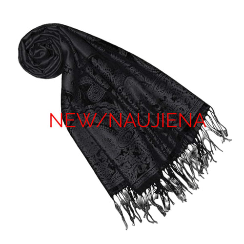 Black scarf with fringe on a black background featuring 'NEW/NAUJIENA' text.