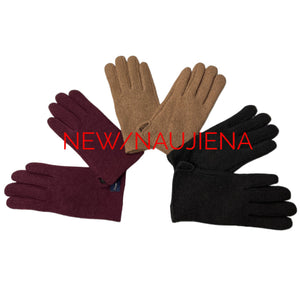 Three pairs of gloves in red, brown, and black on a white background with 'NEW NAUJIENA' text.