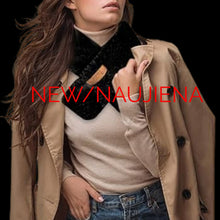 Load image into Gallery viewer, Woman wearing a beige coat with a black scarf, standing against a black background with &#39;NEWNAUIJENA&#39; text.

