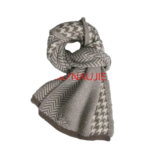 Knitted scarf with a pattern on a black background, featuring the brand 'NEW/NAUJIENA'.