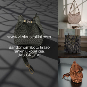 Collage of various handbags with promotional text for a brand on a dark background.
