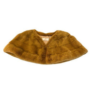 A brown mink bolero jacket with lining and fur hook fastening at the front on a white background.