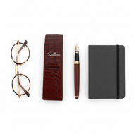 Set of glasses, leather case, pen, and notebook on a white background
