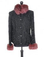 A black short jacket with red-dyed silver fox collar, leather bottons and sleeve trims on a mannequin.