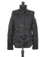 Black astrakhan fur jacket hip length, small hidden pockets at front