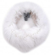 A white fur-lined scarf with a two-way fastening, designed to be worn in various ways.