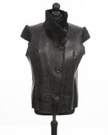 Dark brown sheepskin fur vest with very short sleeves and buttons