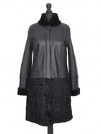 Black knee-length Nappa merino sheepskin fur coat with astrakhan fur (karakul) decoration, fitted silhouette press-studs fastening, and adjustable sleeves. The coat is displayed on a mannequin with a visible label.