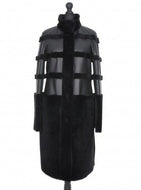 Black Nappa knee-length merino sheepskin fur coat, displayed on a mannequin, with visible press-studs fastening and adjustable sleeves.