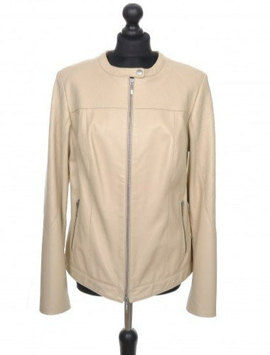 Beige short sheep leather jacket with zipper opening and round collar, displayed on a mannequin.
