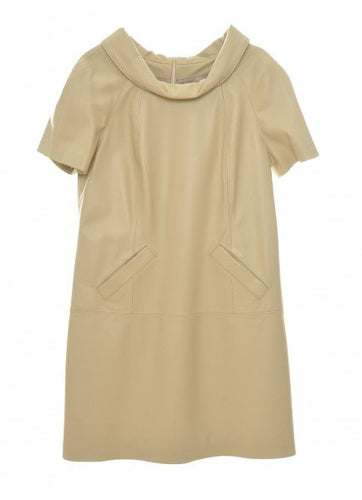 Beige color midi length sheep leather dress with round neckline and sleeveless design.