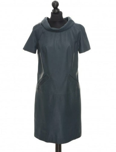 Blue color leather dress with round neckline and short sleeves, displayed on a mannequin.