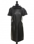 Black leather midi dress, round neck, pockets in front