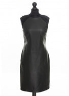 Black sleeveless leather dress with round neckline and suede details at the upper front, fitted silhouette, midi length.