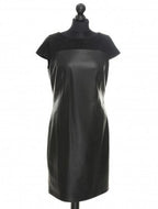 Black color, midi length sheep leather dress with suede detail on the front, short sleeves, and a round neckline. The dress features an invisible zipper at the back.