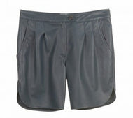 Bluish-green sheep leather shorts with pockets and a zipper at the front.