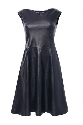 Black color sleeveless midi length dress with V-neckline, featuring a fitted silhouette and an invisible zipper at the back. The dress is made of sheep leather.